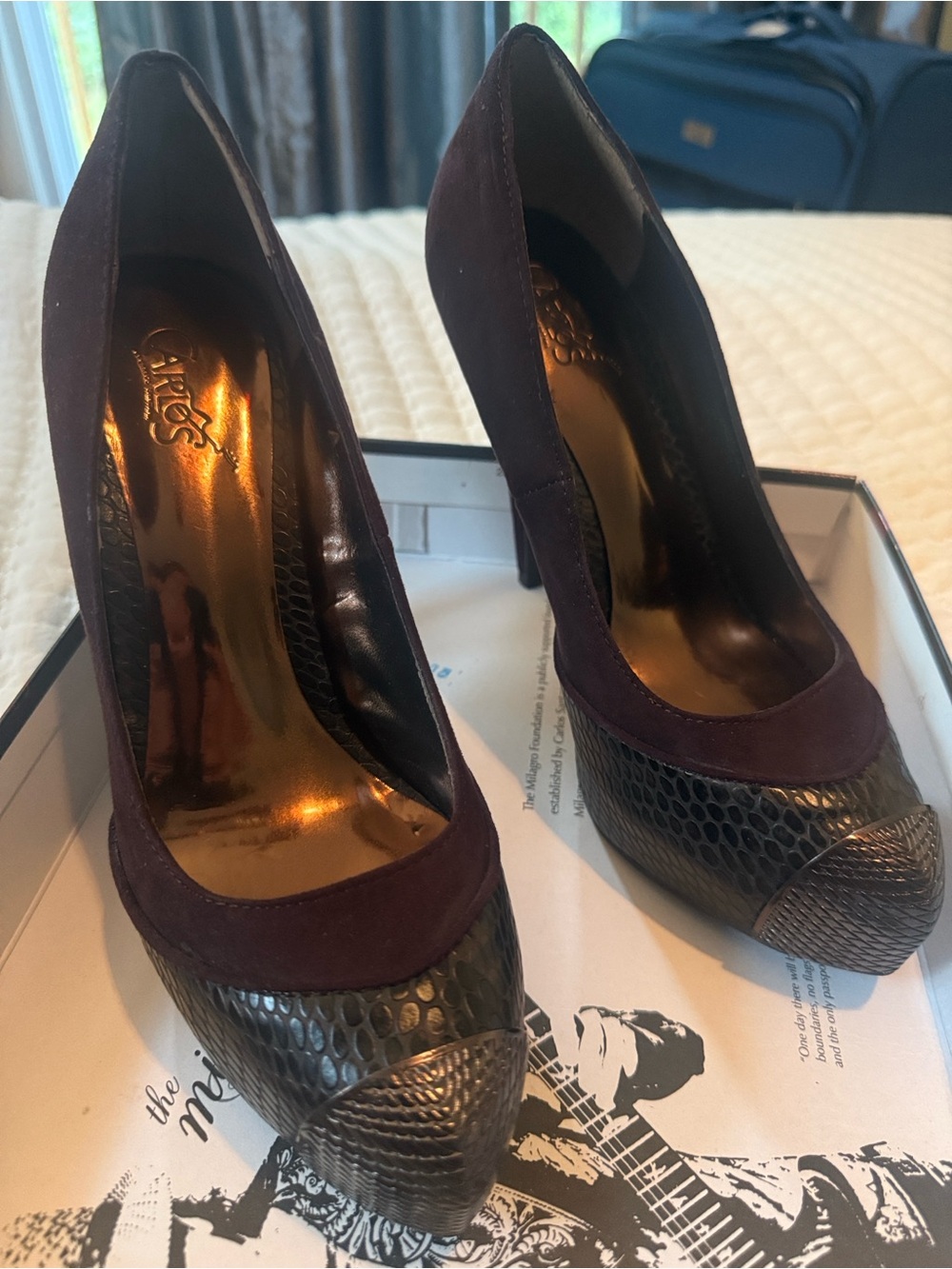Carlos Santana Purple Suede & Black Textured Pointed-Toe Heels